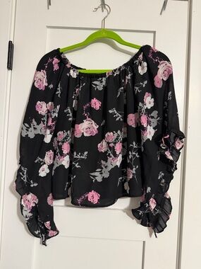 Charlotte Russe Black Off-Shoulder Blouse with Pink Floral Print